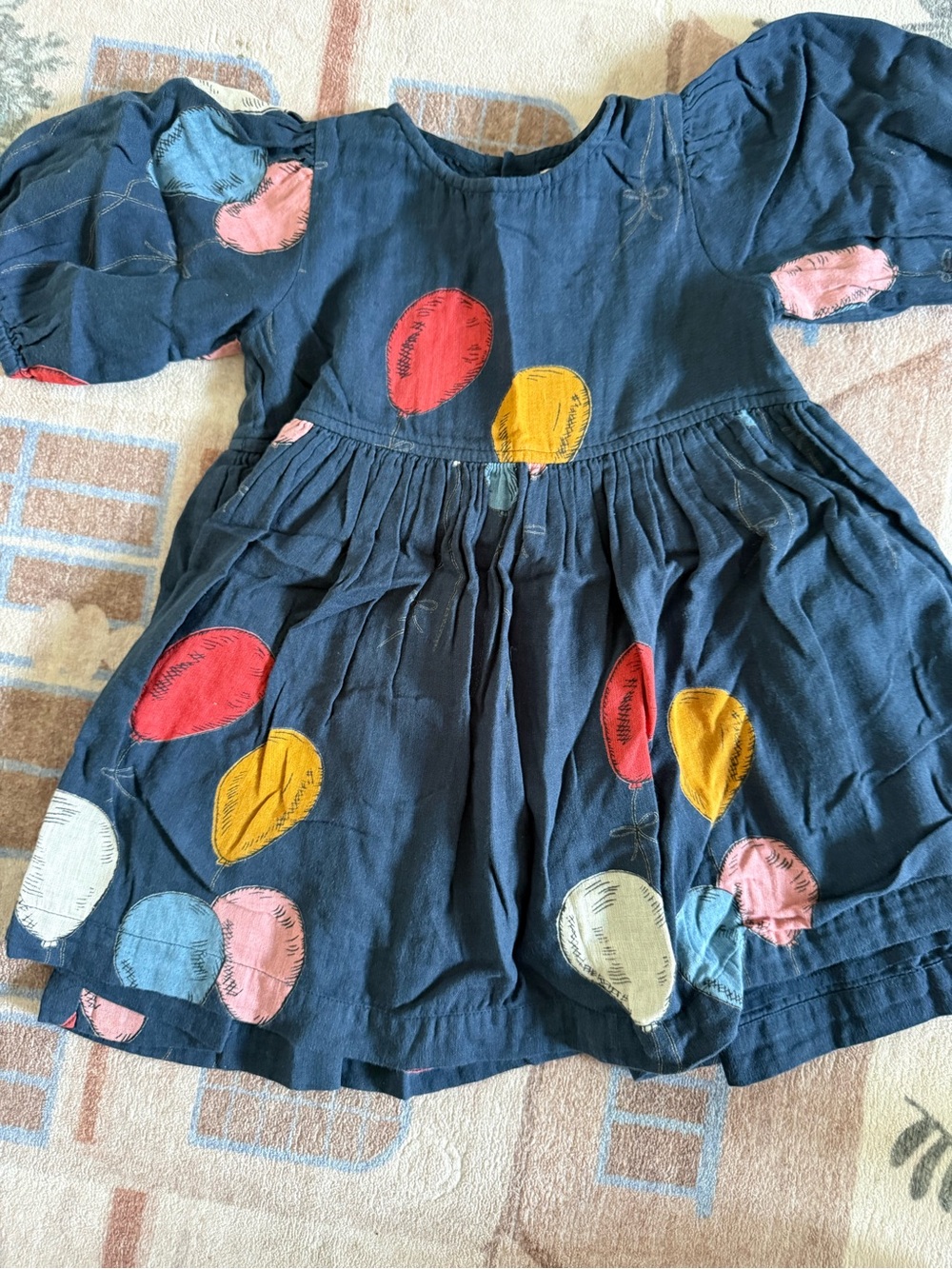Girls Navy Balloon Embroidered Dress - pink chicken